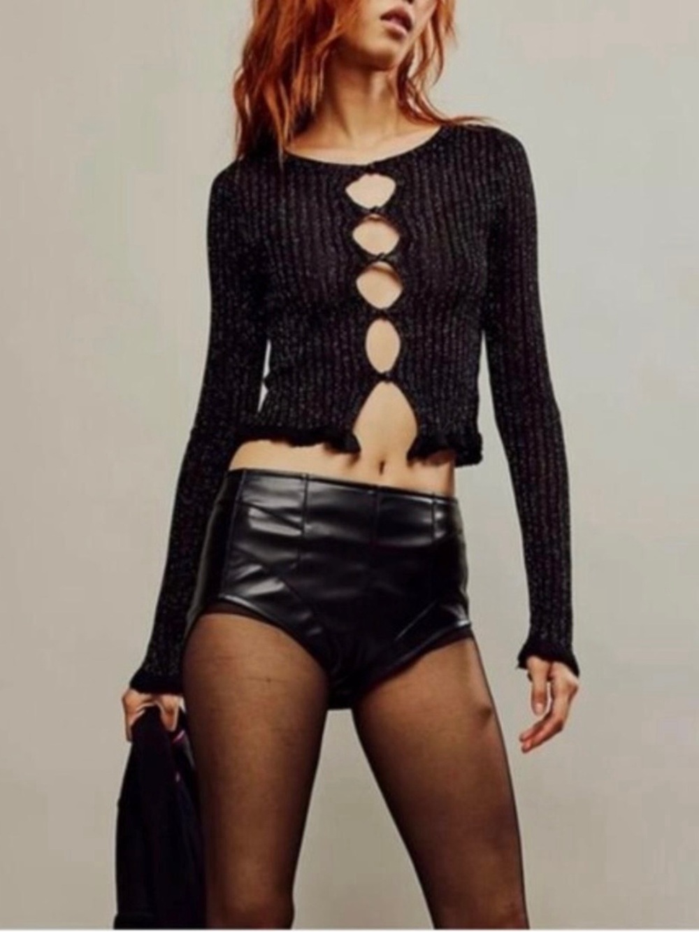 Free People Black Ribbed Long-Sleeve Cutout Crop Top
